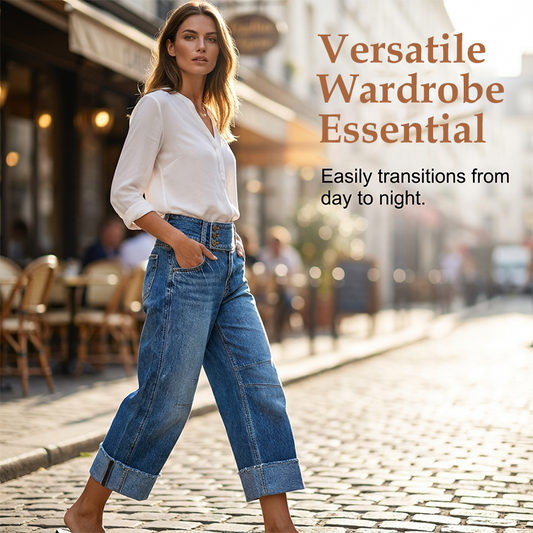 👖 50 % DE RÉDUCTION MAINTENANT ! 💙 Jean large court pour femme – Taille haute boutonnée et coupe décontractée – Denim extensible, parfait pour un look casual ou chic ✨🌸