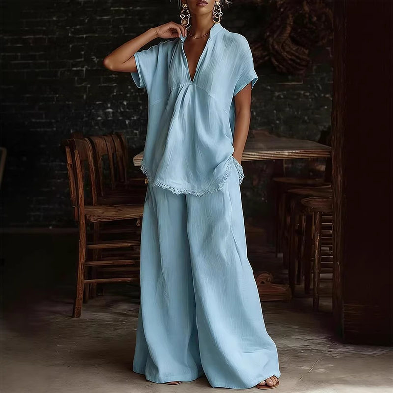 Ensemble d'intérieur pour femme composé d'un haut à col en V et d'un pantalon à jambes larges