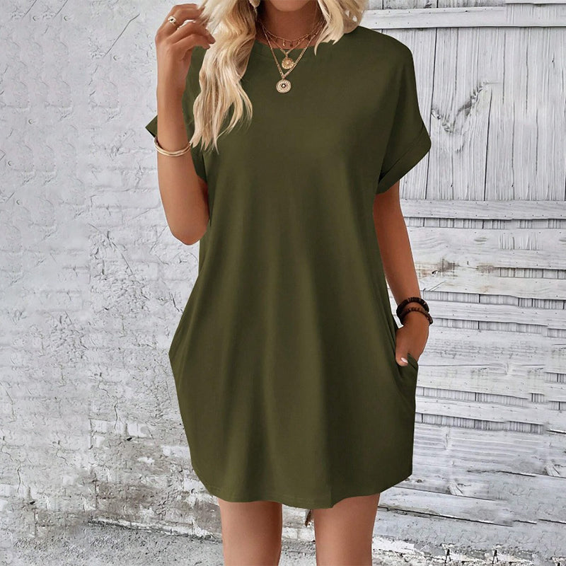 👗 Damen-Tunika-Kleid mit Rundhals – einfarbig, lockere Passform mit praktischen Taschen, vielseitig & bequem für Alltag, Freizeit & Reisen 🌿