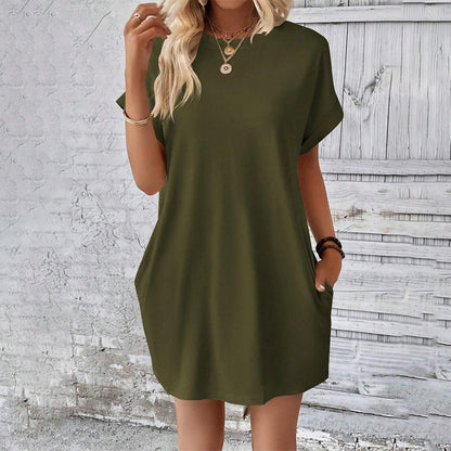 👗 Damen-Tunika-Kleid mit Rundhals – einfarbig, lockere Passform mit praktischen Taschen, vielseitig & bequem für Alltag, Freizeit & Reisen 🌿