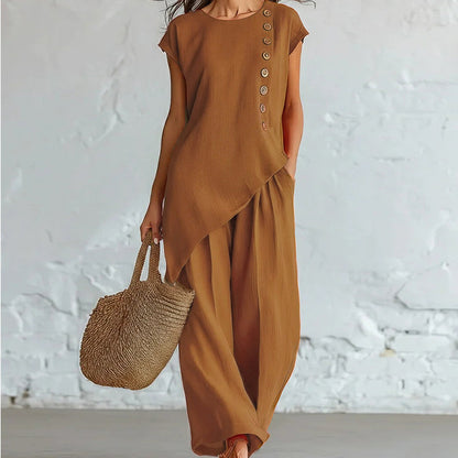 Ensemble 2 pièces pour femme : haut à ourlet asymétrique et pantalon