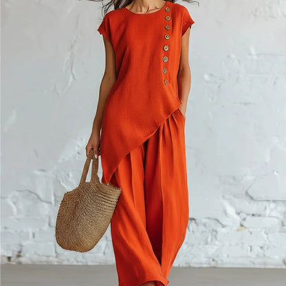 Ensemble 2 pièces pour femme : haut à ourlet asymétrique et pantalon