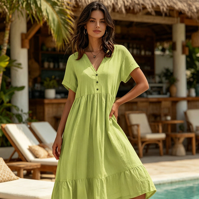 🌿Rochie midi cu decolteu în V, mânecă scurtă și volane pentru femei👗💓