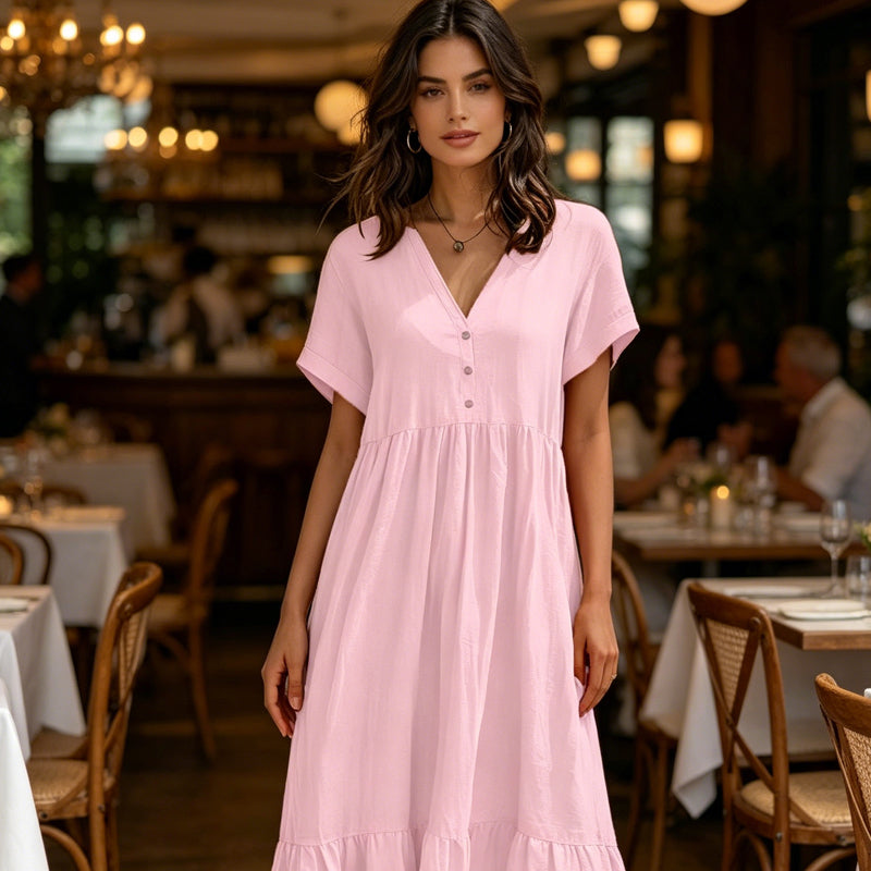 🌿Rochie midi cu decolteu în V, mânecă scurtă și volane pentru femei👗💓