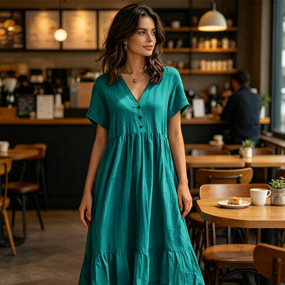 🌿Rochie midi cu decolteu în V, mânecă scurtă și volane pentru femei👗💓