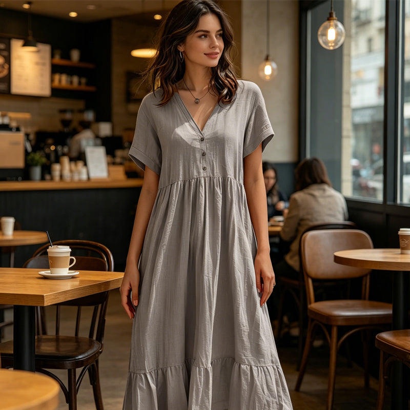 🌿Rochie midi cu decolteu în V, mânecă scurtă și volane pentru femei👗💓