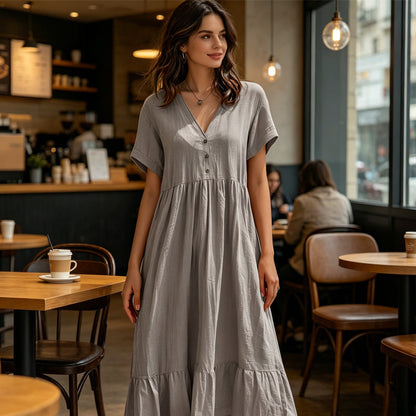 🌿Rochie midi cu decolteu în V, mânecă scurtă și volane pentru femei👗💓