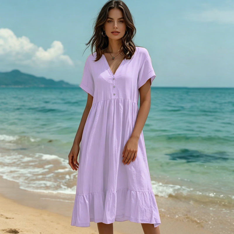🌿Rochie midi cu decolteu în V, mânecă scurtă și volane pentru femei👗💓