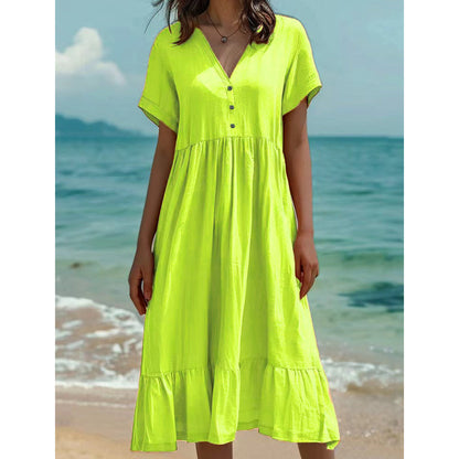 🌿Rochie midi cu decolteu în V, mânecă scurtă și volane pentru femei👗💓
