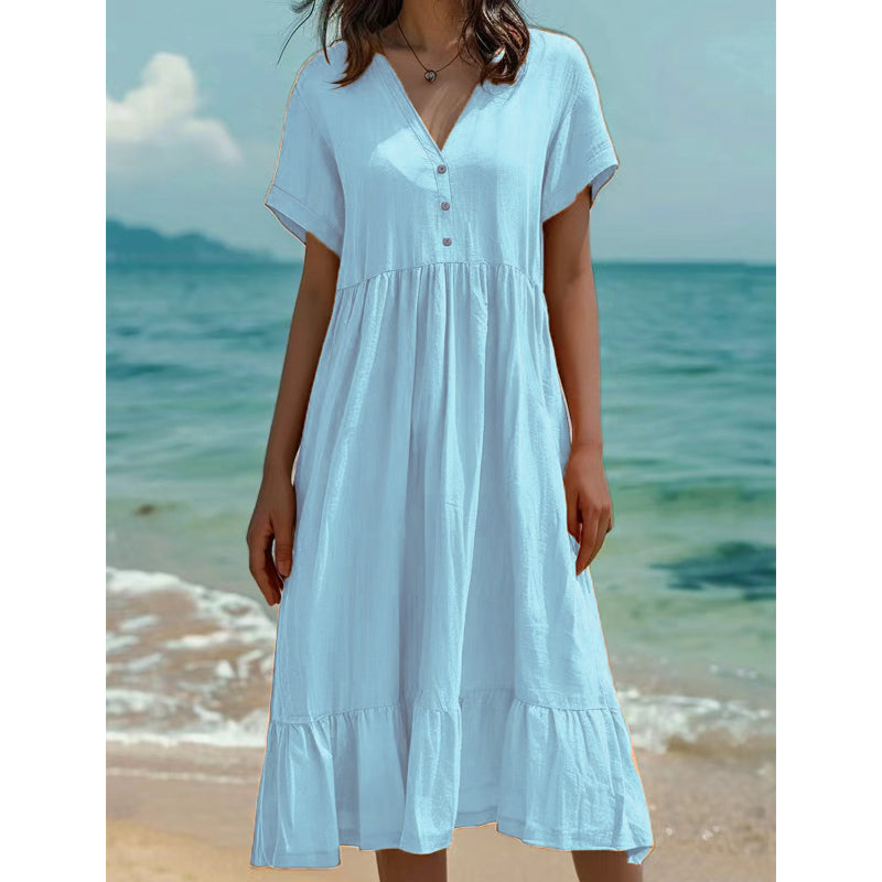 🌿Rochie midi cu decolteu în V, mânecă scurtă și volane pentru femei👗💓