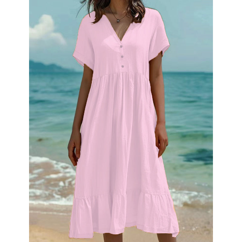 🌿Rochie midi cu decolteu în V, mânecă scurtă și volane pentru femei👗💓