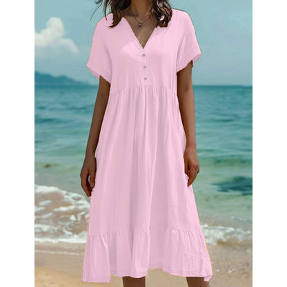 🌿Rochie midi cu decolteu în V, mânecă scurtă și volane pentru femei👗💓