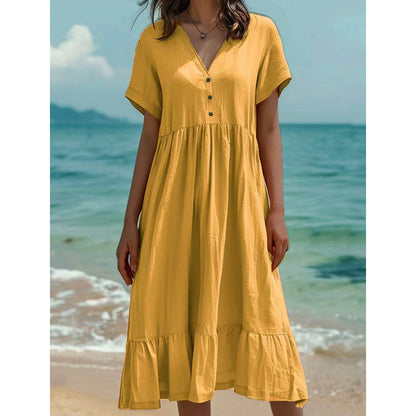🌿Rochie midi cu decolteu în V, mânecă scurtă și volane pentru femei👗💓