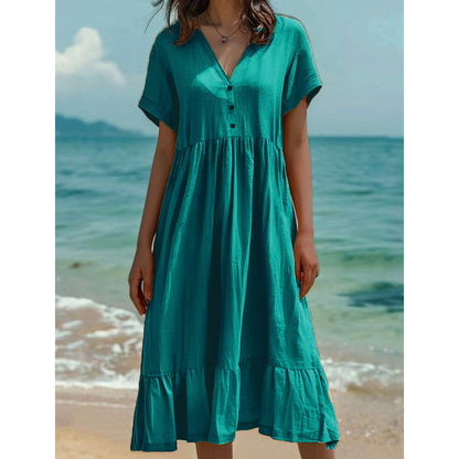 🌿Rochie midi cu decolteu în V, mânecă scurtă și volane pentru femei👗💓