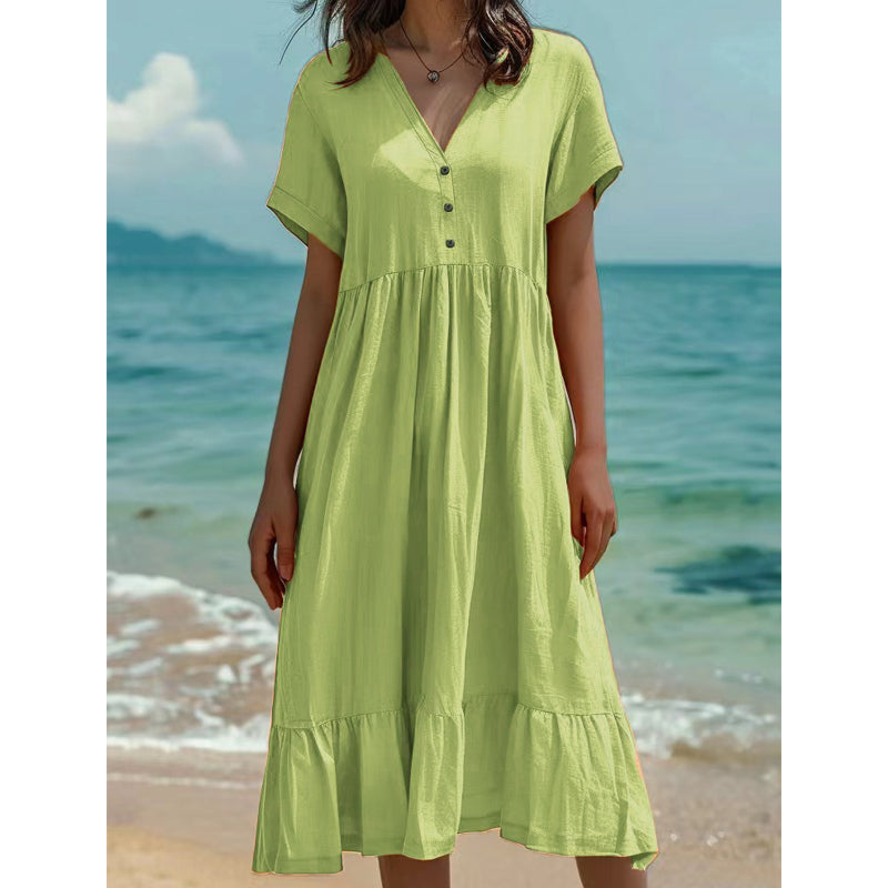 🌿Rochie midi cu decolteu în V, mânecă scurtă și volane pentru femei👗💓