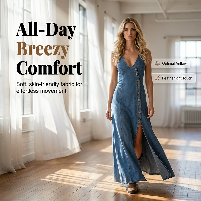 ⌛Offre à durée limitée – Robe longue en jean sans manches, col en V et boutonnée sur le devant