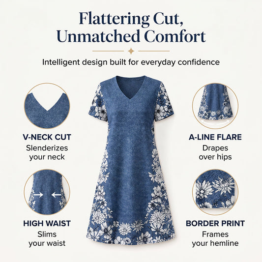 Robe effet jean à col V – flatteuse pour la silhouette, infroissable et facile à assortir – avec des baskets, des sandales ou des bottes