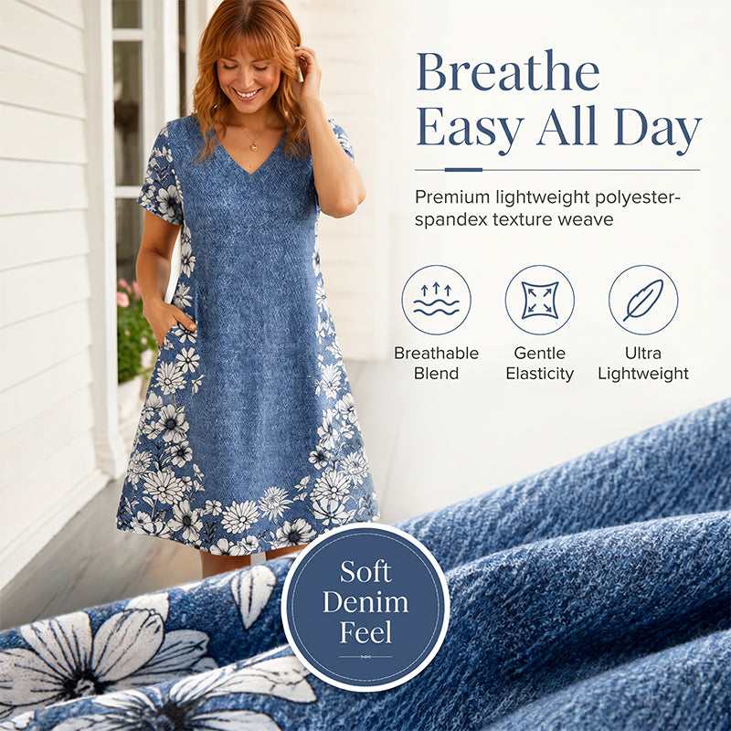 Robe effet jean à col V – flatteuse pour la silhouette, infroissable et facile à assortir – avec des baskets, des sandales ou des bottes