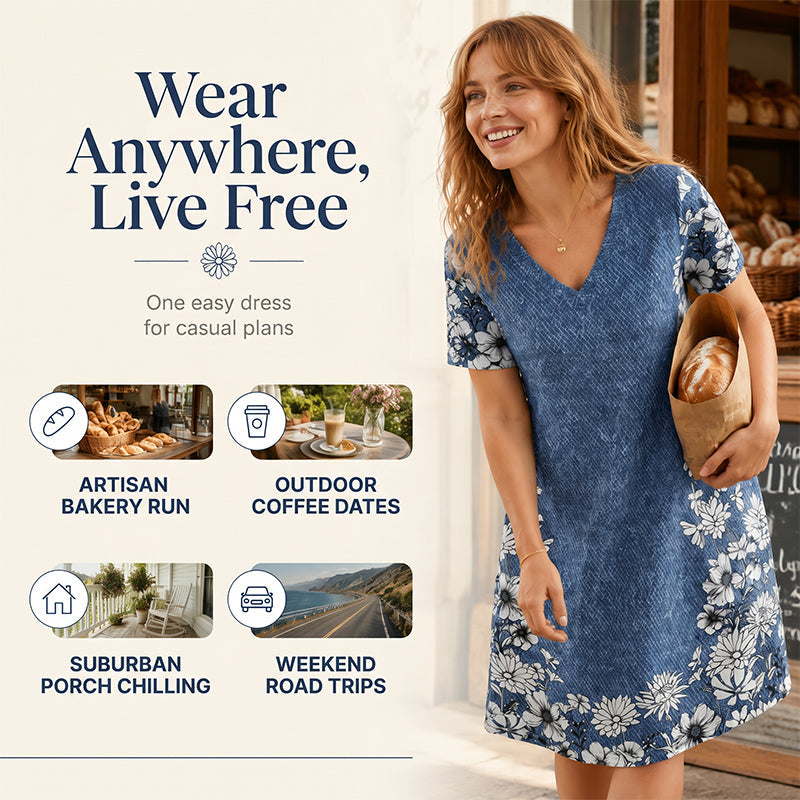 Robe effet jean à col V – flatteuse pour la silhouette, infroissable et facile à assortir – avec des baskets, des sandales ou des bottes
