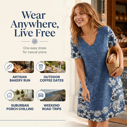 Robe effet jean à col V – flatteuse pour la silhouette, infroissable et facile à assortir – avec des baskets, des sandales ou des bottes