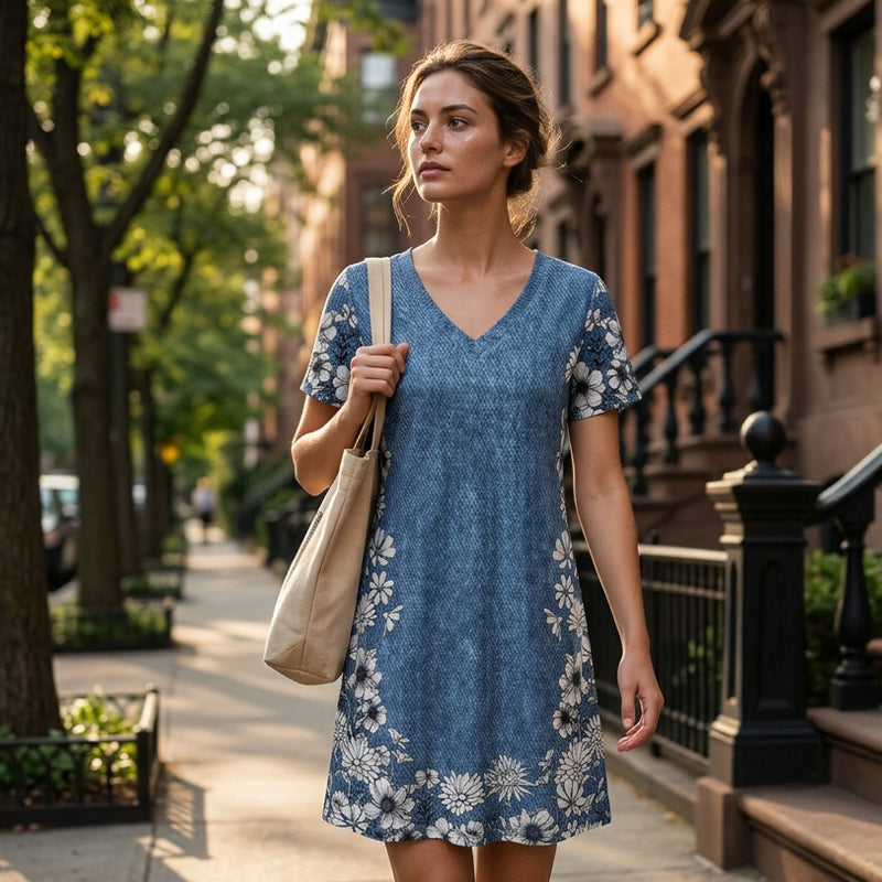 Robe effet jean à col V – flatteuse pour la silhouette, infroissable et facile à assortir – avec des baskets, des sandales ou des bottes