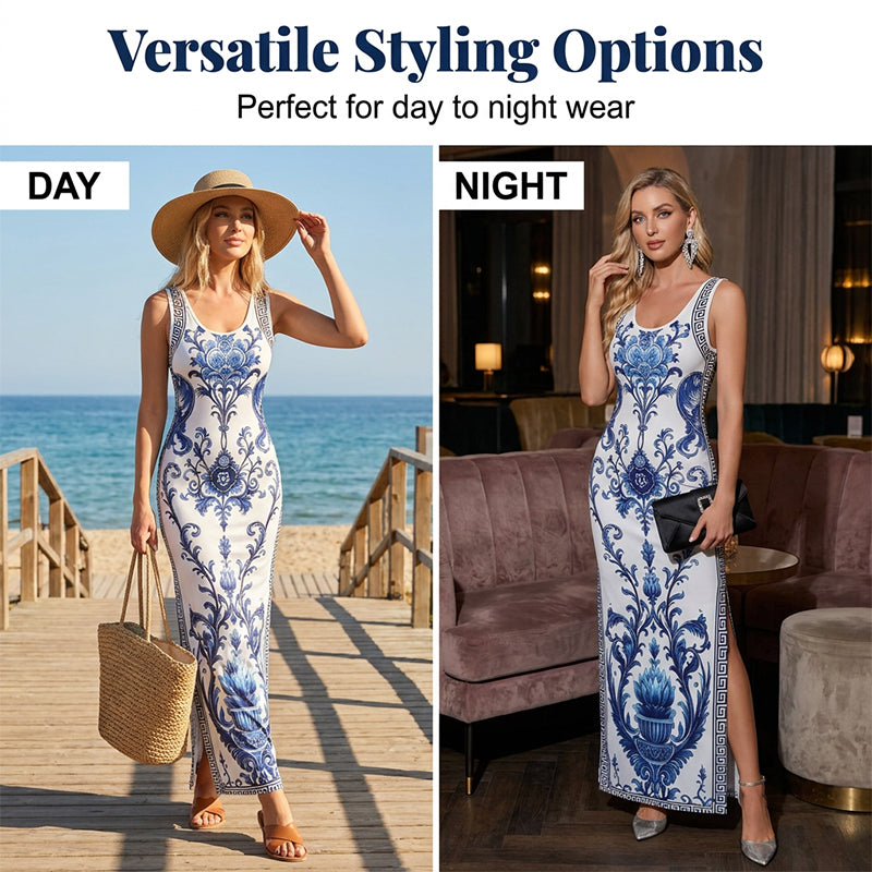 🏺 PROMO EXCEPTIONNELLE 50% DE RÉDUCTION ! ✨ Robe Longue Fluide – Imprimé Porcelaine Bleue & Blanc Revisité, Coupe Classique Intemporelle – Élégance Artistique et Féminité au Quotidien 💙👗
