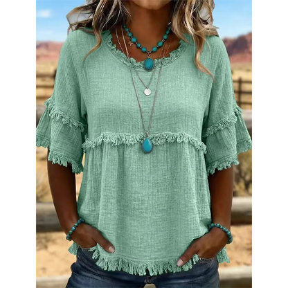 🔥New Arrivals & Special Offers-Women's Casual Fringe-Trim Ruffle Sleeve Top