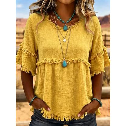 🔥New Arrivals & Special Offers-Women's Casual Fringe-Trim Ruffle Sleeve Top