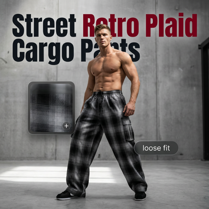 😎Nouveauté🩶Pantalon cargo à carreaux rétro pour homme, coupe ample