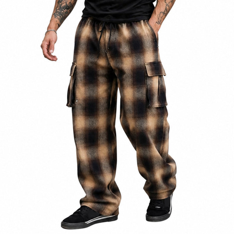 😎Nouveauté🩶Pantalon cargo à carreaux rétro pour homme, coupe ample