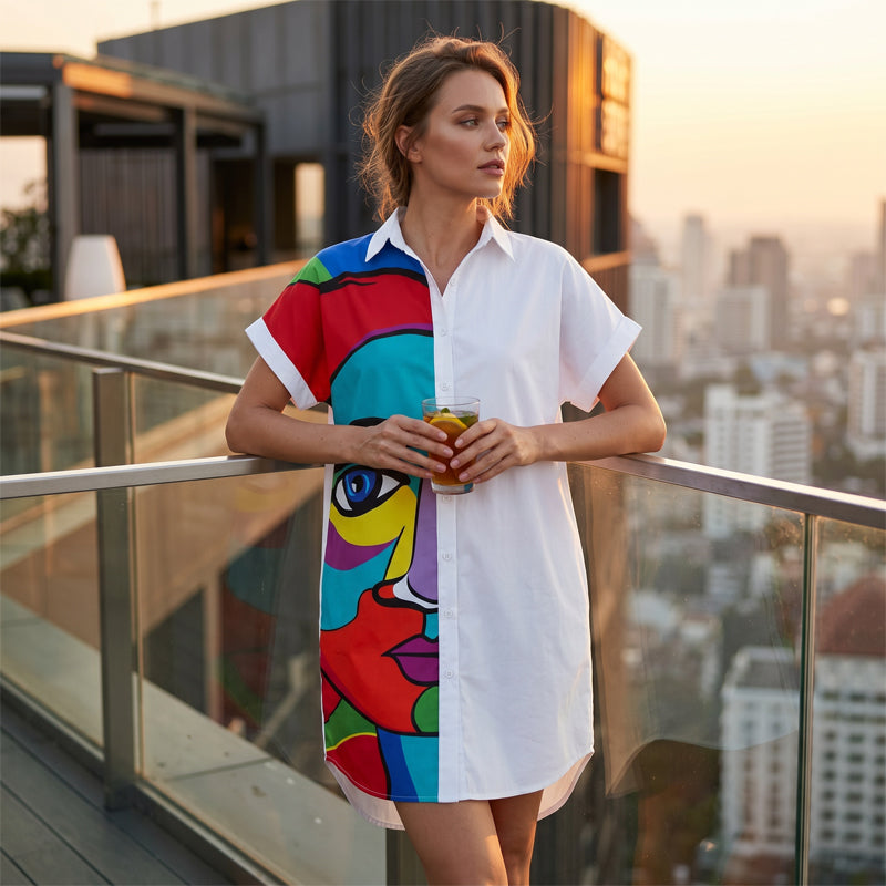 Robe-chemise imprimée pour femme, style portrait artistique