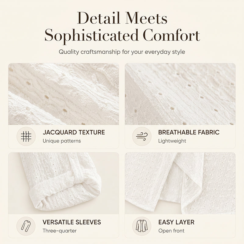 🌸 Cardigan Décontracté Femme en Tissu Texturé – Modèle Ouvert sur le Devant, Manches Longues Confortable pour Toutes les Saisons 🌿