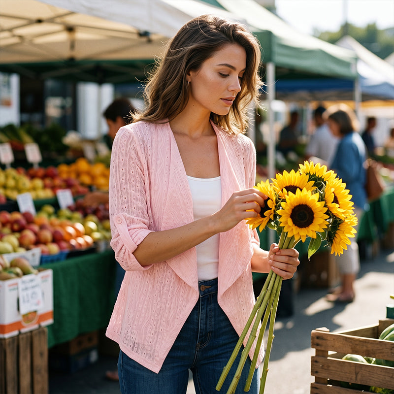 🌸 Cardigan Décontracté Femme en Tissu Texturé – Modèle Ouvert sur le Devant, Manches Longues Confortable pour Toutes les Saisons 🌿