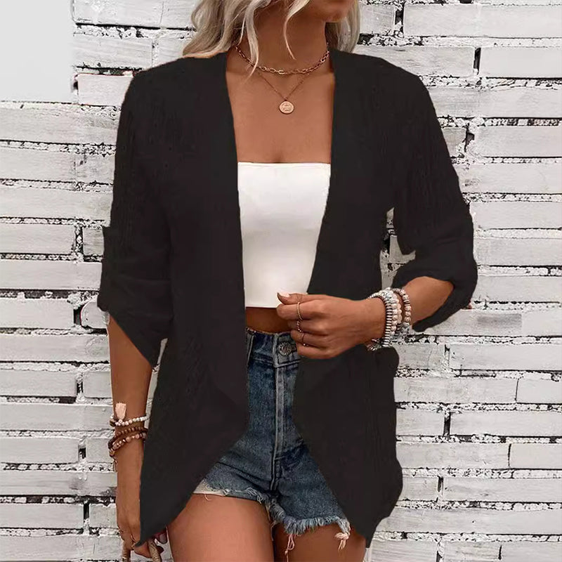 🌸 Cardigan Décontracté Femme en Tissu Texturé – Modèle Ouvert sur le Devant, Manches Longues Confortable pour Toutes les Saisons 🌿