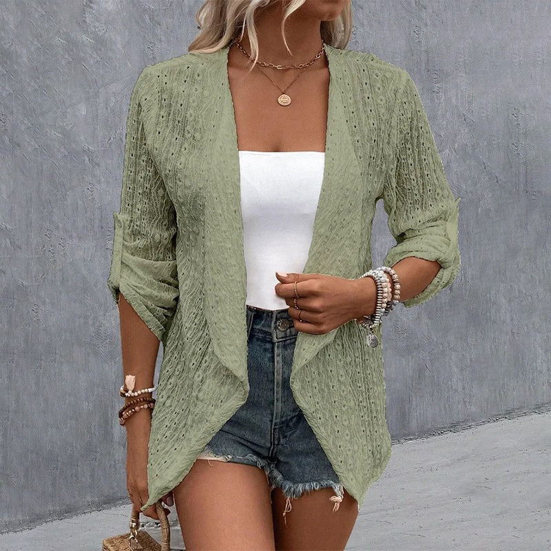 🌸 Cardigan Décontracté Femme en Tissu Texturé – Modèle Ouvert sur le Devant, Manches Longues Confortable pour Toutes les Saisons 🌿
