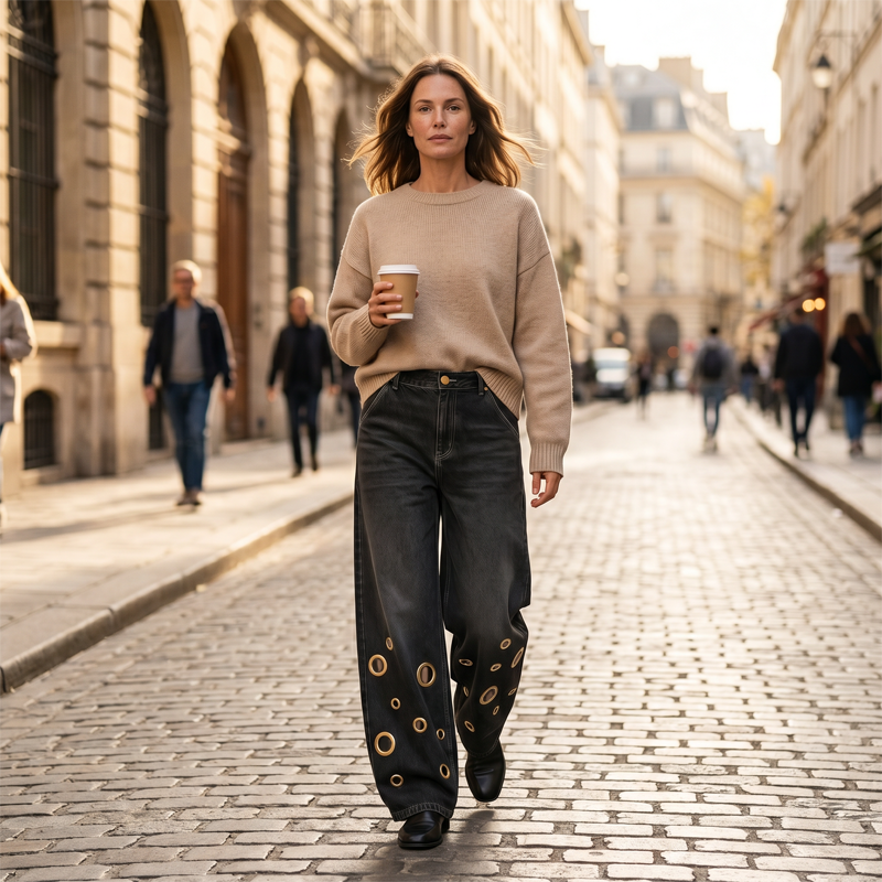 Jean large à découpes et œillets métalliques pour femme