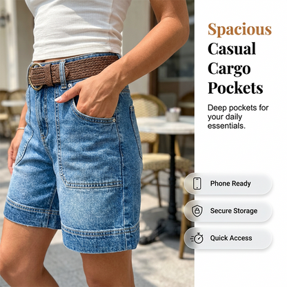 🩳🌸 OFFRE LIMITÉE -50% | Bermuda en Jean Taille Mi-Haute Femme – Denim Stretch Confort, Coupe Flatteuse & Poches Pratiques ✨