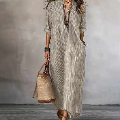 Robe longue à rayures et col en V pour femme