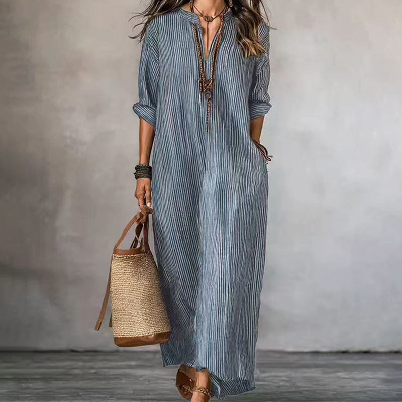 Robe longue à rayures et col en V pour femme