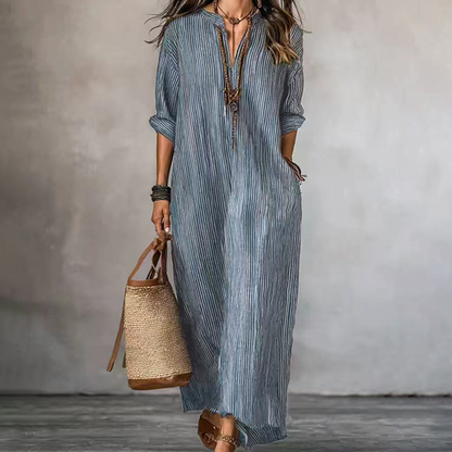 Robe longue à rayures et col en V pour femme