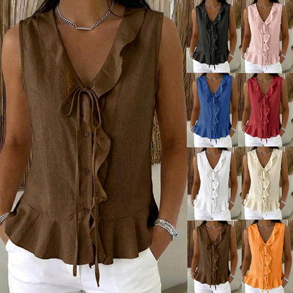 🔥-48%👚 Haut Femme Sans Manches Col V à Volants avec Lacet – Tissu Texturé Léger Coupe Fluide