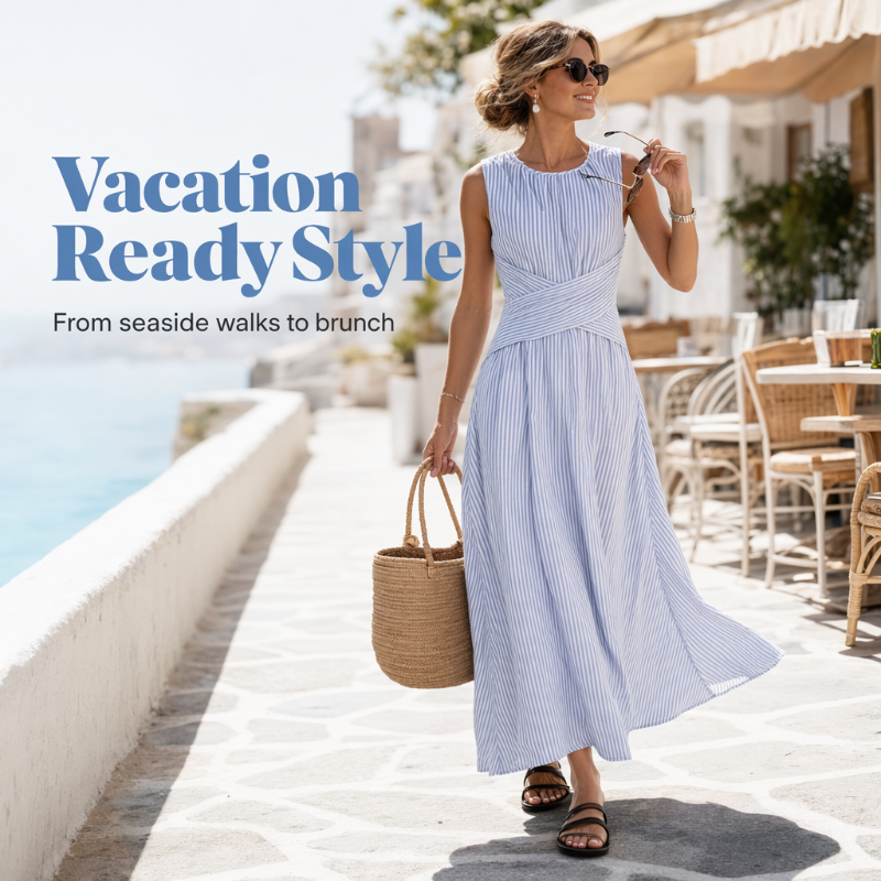 ⏳Offre limitée dans le temps : 52% de réduction⏰Robe longue rayée sans manches pour femme🎀👗