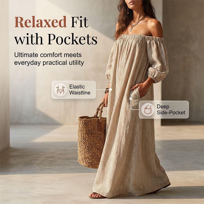 👗 -50% MAINTENANT ! 🌸 Robe Maxi Épaules Dénudées Femme – Manches lanternes & coupe fluide – Parfaite pour les soirées d'été ou les soirées romantiques – élégante et légère ✨🌿