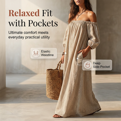 👗 -50% MAINTENANT ! 🌸 Robe Maxi Épaules Dénudées Femme – Manches lanternes & coupe fluide – Parfaite pour les soirées d'été ou les soirées romantiques – élégante et légère ✨🌿