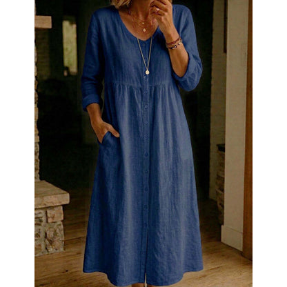 👗 50% DE RÉDUCTION! ✨ Élégante Robe Midi en Lin Col V avec Boutons – Confortable, Style Décontracté & Parfaite Pour Un Usage Quotidien 🌸