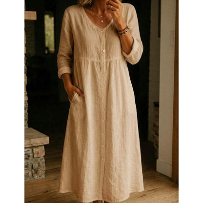 👗 50% DE RÉDUCTION! ✨ Élégante Robe Midi en Lin Col V avec Boutons – Confortable, Style Décontracté & Parfaite Pour Un Usage Quotidien 🌸