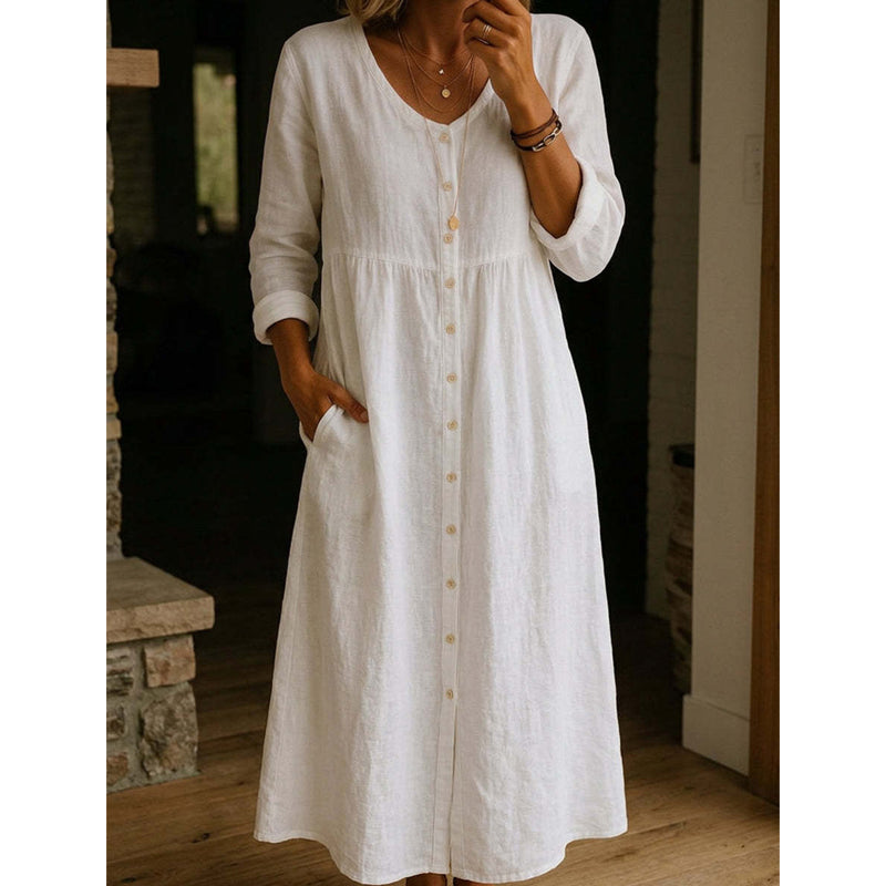 👗 50% DE RÉDUCTION! ✨ Élégante Robe Midi en Lin Col V avec Boutons – Confortable, Style Décontracté & Parfaite Pour Un Usage Quotidien 🌸