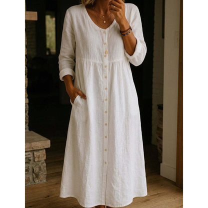 👗 50% DE RÉDUCTION! ✨ Élégante Robe Midi en Lin Col V avec Boutons – Confortable, Style Décontracté & Parfaite Pour Un Usage Quotidien 🌸