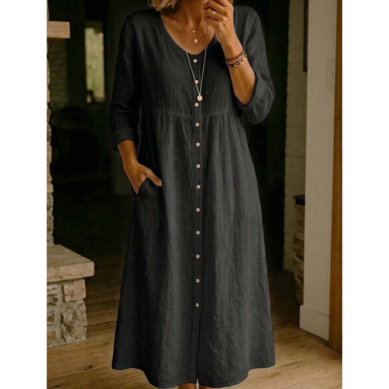 👗 50% DE RÉDUCTION! ✨ Élégante Robe Midi en Lin Col V avec Boutons – Confortable, Style Décontracté & Parfaite Pour Un Usage Quotidien 🌸