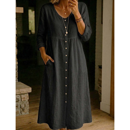 👗 50% DE RÉDUCTION! ✨ Élégante Robe Midi en Lin Col V avec Boutons – Confortable, Style Décontracté & Parfaite Pour Un Usage Quotidien 🌸